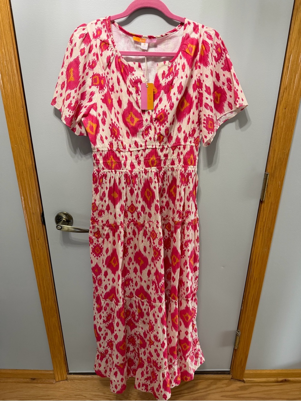 NWT Briton Court Pink Orange Lurex Ikat Tiered Maxi Dress M